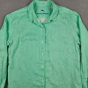 Tommy Bahama Button Down Shirt Men Medium Green 100% Linen Long Sleeve Tropical
